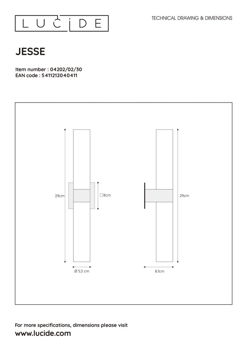 Czarny kinkiet Jesse IP44, 2-punktowy, o wymiarach 29 cm wysokości i 8 cm szerokości. Prosty, cylindryczny kształt z wykończeniem matowym. Widoczne mocowanie oraz średnica 5,5 cm. Idealny do użytku wewnętrznego i zewnętrznego.