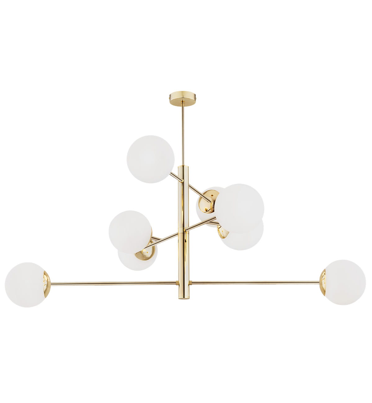 Lampa wisząca Cameron 8-punktowa w kolorze złotym, z białymi, kulistymi kloszami. Produkt zawieszony na prostym stelażu, z sześcioma kloszami rozmieszczonymi na dwóch poziomach. Idealna do nowoczesnych wnętrz.