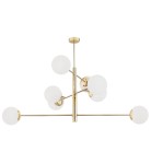 Lampa wisząca Cameron 8-punktowa w kolorze złotym, z białymi, kulistymi kloszami. Produkt zawieszony na prostym stelażu, z sześcioma kloszami rozmieszczonymi na dwóch poziomach. Idealna do nowoczesnych wnętrz.