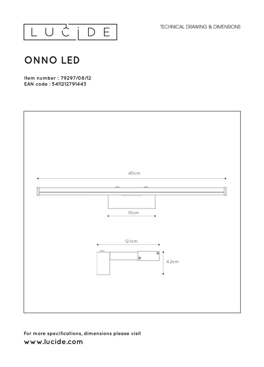 Kinkiet ONNO LED IP44 w satynowym niklu, o wymiarach 40 cm długości i 10 cm szerokości. Prosty, prostokątny design z wysięgnikiem o długości 12,1 cm i wysokości 4,2 cm, idealny do montażu na ścianie w łazience lub na zewnątrz.