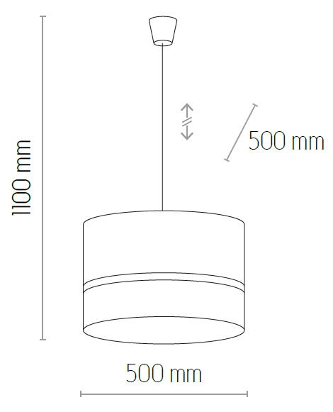 Biała lampa wisząca Paglia D50 o okrągłym kloszu ma średnicę 500 mm i długość zawieszenia 1100 mm. Klosz jest prosty, z delikatnym paskiem dekoracyjnym, zawieszony na cienkim przewodzie, co nadaje nowoczesny wygląd.