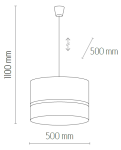 Biała lampa wisząca Paglia D50 o okrągłym kloszu ma średnicę 500 mm i długość zawieszenia 1100 mm. Klosz jest prosty, z delikatnym paskiem dekoracyjnym, zawieszony na cienkim przewodzie, co nadaje nowoczesny wygląd.