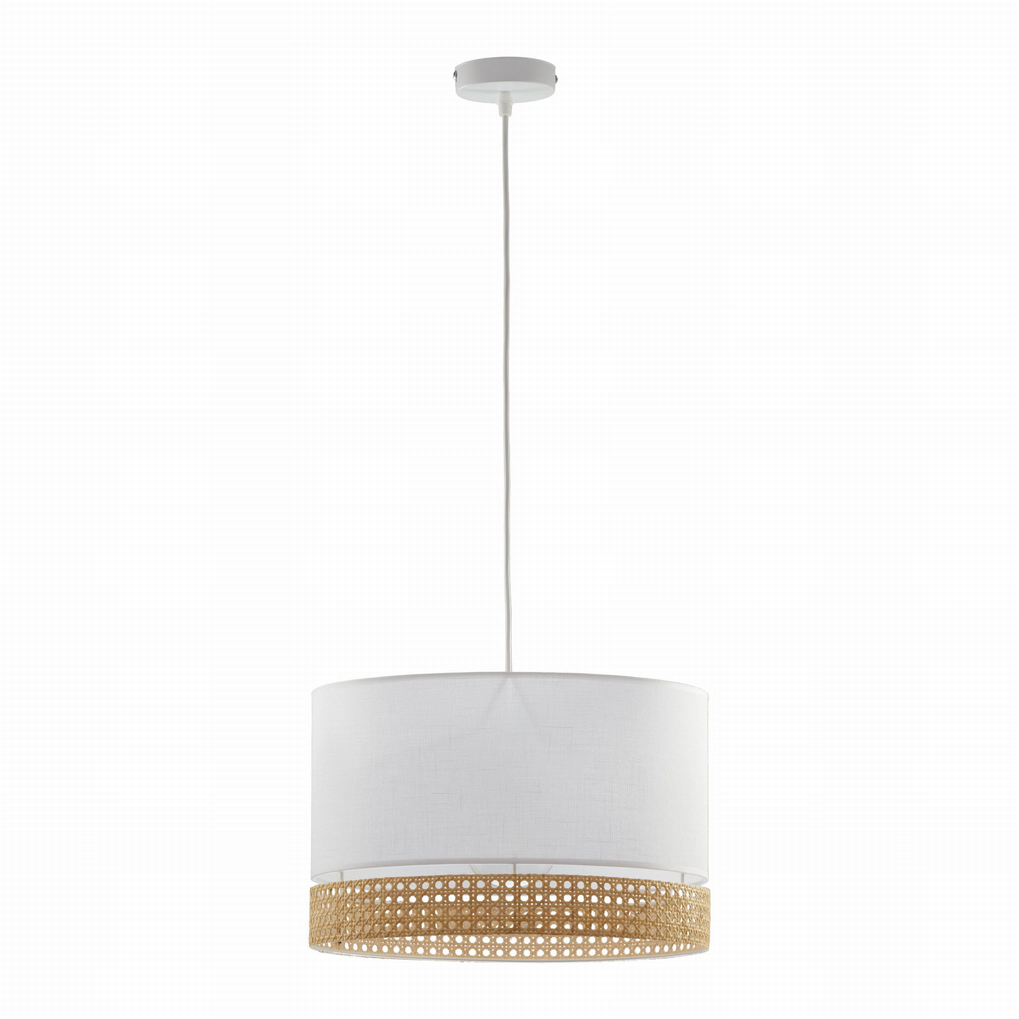 Lampa wisząca Paglia D50 1-punktowa, z białym abażurem i dekoracyjnym, naturalnym wykończeniem w dolnej części. Produkt zawieszony na białym przewodzie, prezentowany na jasnym tle. Idealna do nowoczesnych aranżacji wnętrz.