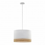 Lampa wisząca Paglia D50 1-punktowa, z białym abażurem i dekoracyjnym, naturalnym wykończeniem w dolnej części. Produkt zawieszony na białym przewodzie, prezentowany na jasnym tle. Idealna do nowoczesnych aranżacji wnętrz.