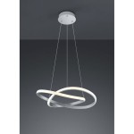 Lampa wisząca Course LED 3000K o niklowym wykończeniu, zawieszona na cienkich linkach. Posiada dwa okrągłe pierścienie w kolorach białym i szarym, tworzące nowoczesny design. Ujęcie frontalne, na jednolitym ciemnym tle.