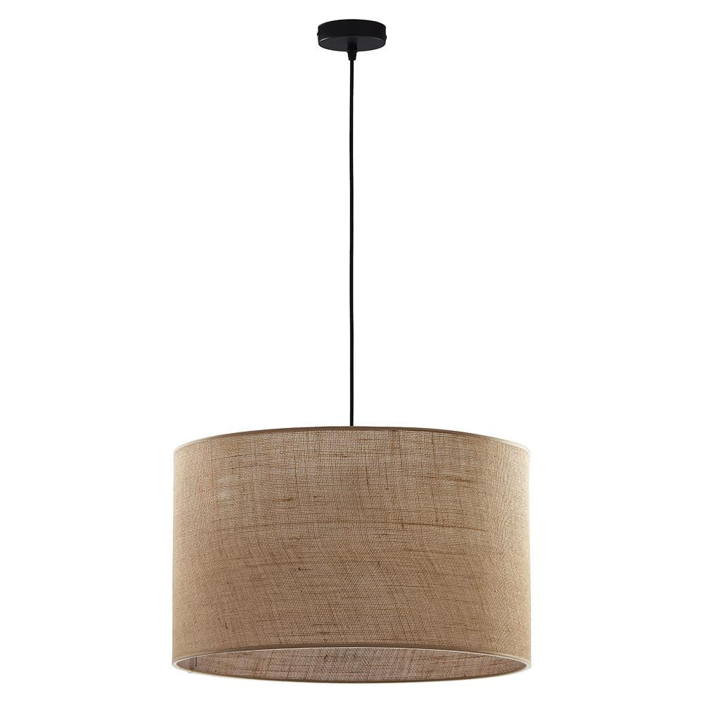 Lampa wisząca Juta D50 w kolorze brązowym z czarnym zawieszeniem. Okrągły klosz z tekstylnego materiału, zawieszony na cienkim kablu. Wykończenie w stylu industrialnym, idealna do nowoczesnych wnętrz.