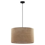 Lampa wisząca Juta D50 w kolorze brązowym z czarnym zawieszeniem. Okrągły klosz z tekstylnego materiału, zawieszony na cienkim kablu. Wykończenie w stylu industrialnym, idealna do nowoczesnych wnętrz.