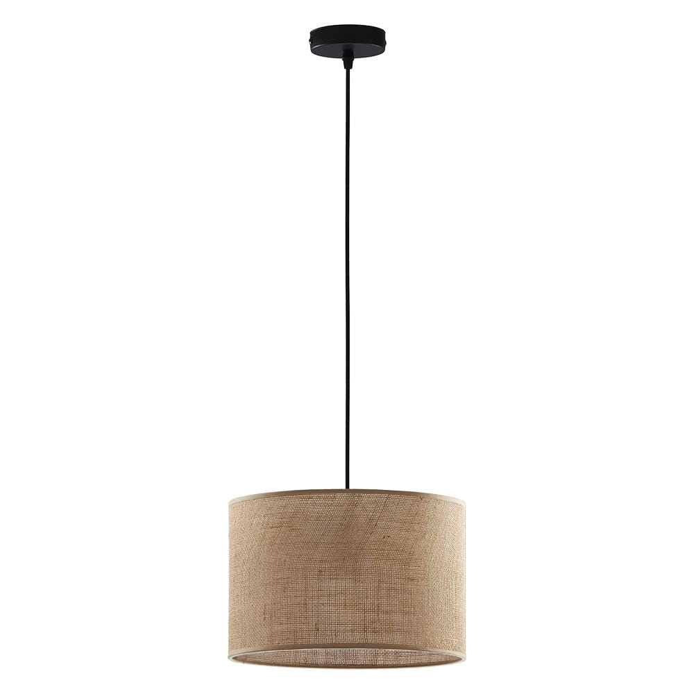 Lampa wisząca Juta D30 w kolorze czarnym i brązowym, z okrągłym kloszem z juty. Klosz zawieszony na cienkim, czarnym przewodzie, montowany do sufitu. Prosta, minimalistyczna forma, idealna do nowoczesnych wnętrz.