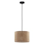 Lampa wisząca Juta D30 w kolorze czarnym i brązowym, z okrągłym kloszem z juty. Klosz zawieszony na cienkim, czarnym przewodzie, montowany do sufitu. Prosta, minimalistyczna forma, idealna do nowoczesnych wnętrz.