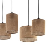 Czarna/brązowa lampa wisząca 4-punktowa wykonana z juty, z czterema cylindrycznymi kloszami. Klosze mają teksturowaną powierzchnię, zawieszone na czarnych linkach, tworzą nowoczesny i naturalny wygląd.