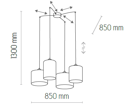 Czarna i brązowa lampa wisząca Juta 4-punktowa o regulowanej wysokości, składająca się z czterech cylindrycznych kloszy. Wymiary: 1300 mm wysokości, 850 mm szerokości. Klosze zawieszone na cienkich linkach, podłączone do okrągłego mocowania.