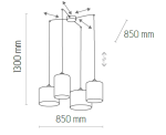 Czarna i brązowa lampa wisząca Juta 4-punktowa o regulowanej wysokości, składająca się z czterech cylindrycznych kloszy. Wymiary: 1300 mm wysokości, 850 mm szerokości. Klosze zawieszone na cienkich linkach, podłączone do okrągłego mocowania.