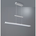 Lampa wisząca LED Smash w kolorze niklowym, jednolita, nowoczesna konstrukcja. Długi, prostokątny klosz z zamontowanymi diodami, zawieszona na regulowanych linkach. Montaż sufitowy, idealna do nowoczesnych wnętrz. Tło szare.