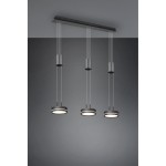 Lampa wisząca Franklin LED 3-punktowa w kolorze antracytowym. Trzy okrągłe źródła światła zawieszone na cienkich linkach, montowane do sufitu. Prosty, nowoczesny design. Tło w odcieniach szarości.