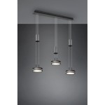 Franklin LED lampa wisząca 3-punktowa w kolorze antracytowym, zawieszona na cienkich linkach. Posiada trzy okrągłe źródła światła, zamocowane na prostokątnej podstawie. Tło w odcieniach szarości, podkreślające nowoczesny design.