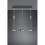 Franklin LED lampa wisząca 3-punktowa w kolorze antracytowym, składająca się z trzech okrągłych kloszy zawieszonych na cienkich linkach. Ujęcie frontalne, z zamontowanym wspornikiem sufitowym na gładkim tle.