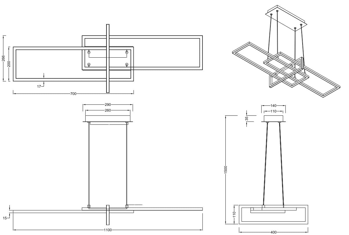 Czarna lampa wisząca Salinas LED 3-punktowa z prostokątnymi kloszami w nowoczesnym designie. Widok z boku i z góry, wymiary: 700 mm długości, 290 mm szerokości. Wisi na cienkich linkach, utrzymana w minimalistycznym stylu.