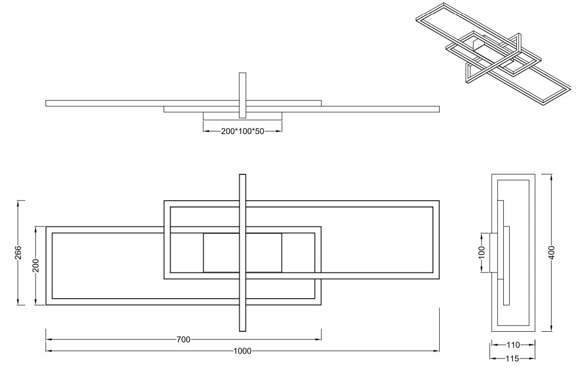Czarna lampa sufitowa LED Salinas, 3-punktowa, o prostokątnym kształcie. Wymiary: 1000 mm długości, 400 mm szerokości. Zamontowana w centralnej części, z minimalistycznym designem. Idealna do nowoczesnych wnętrz.