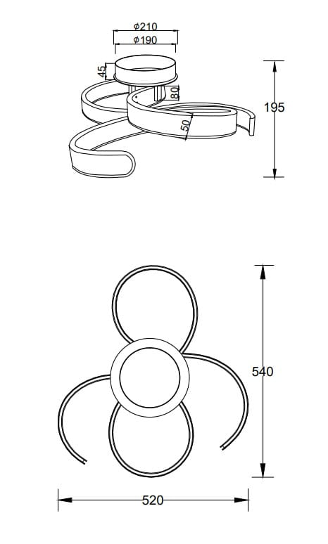 Francis LED lampa sufitowa 1-punktowa z aluminium, z okrągłym mocowaniem o średnicy 210 mm, z elastycznymi, spiralnymi ramionami. Wysokość 195 mm, średnica ramion 190 mm, szerokość 520 mm, wysokość 540 mm.