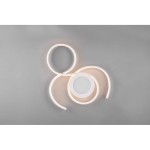 Biała lampa sufitowa Jive L LED z dwoma punktami świetlnymi, z pilotem. Kształt stylizowany na pętle, z centralnym okrągłym elementem. Lampa o nowoczesnym designie, zamontowana na szarym tle.