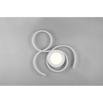 Biała lampa sufitowa LED Jive L z dwoma punktami świetlnymi, posiadająca okrągły klosz z białym światłem i elastyczne białe przewody w artystycznym układzie. Ujęcie z góry na szarym tle.