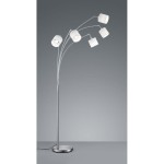 Lampa podłogowa Tommy 5-punktowa w kolorze niklu, z pięcioma białymi kloszami na giętkich ramionach. Ustawiona na okrągłej, metalowej podstawie. Prosta forma, idealna do nowoczesnych wnętrz. Tło w odcieniach szarości.