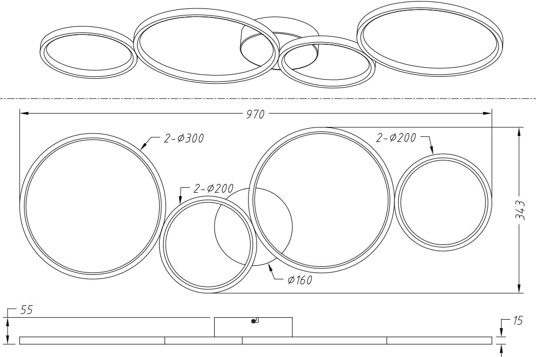 Czarna lampa sufitowa Rondo LED 4-punktowa, o okrągłych kloszach w różnych średnicach (2xØ300 mm, 2xØ200 mm, Ø160 mm). Zawieszona na płaskiej podstawie, idealna do nowoczesnych wnętrz. Wymiary: 970 mm długości, 343 mm wysokości, 55 mm głębokości.