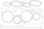 Czarna lampa sufitowa Rondo LED 4-punktowa, o okrągłych kloszach w różnych średnicach (2xØ300 mm, 2xØ200 mm, Ø160 mm). Zawieszona na płaskiej podstawie, idealna do nowoczesnych wnętrz. Wymiary: 970 mm długości, 343 mm wysokości, 55 mm głębokości.