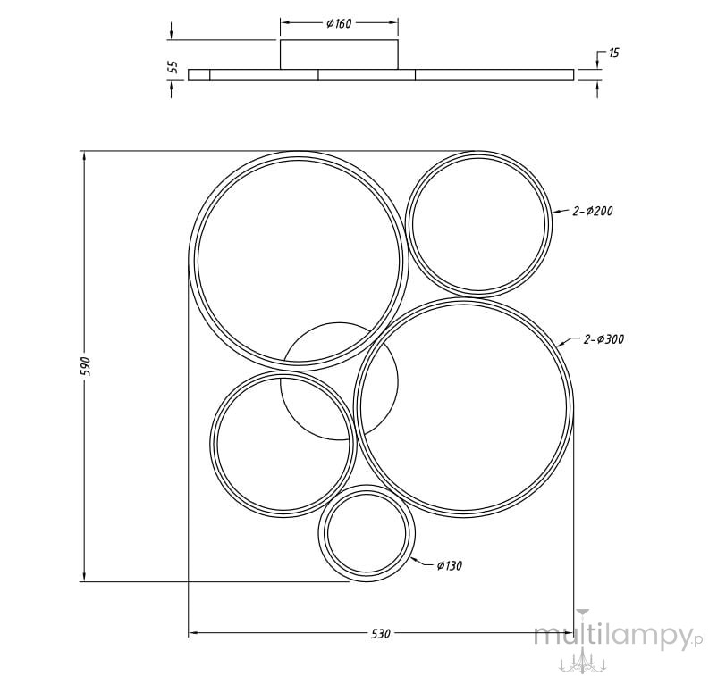 Czarna lampa sufitowa Rondo LED 5-punktowa, z pięcioma okrągłymi elementami o różnych średnicach (130 mm, 200 mm, 300 mm). Ujęcie z góry, pokazujące wymiary i kształt lampy. Montaż sufitowy, minimalistyczny design.