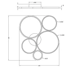 Czarna lampa sufitowa Rondo LED 5-punktowa, z pięcioma okrągłymi elementami o różnych średnicach (130 mm, 200 mm, 300 mm). Ujęcie z góry, pokazujące wymiary i kształt lampy. Montaż sufitowy, minimalistyczny design.