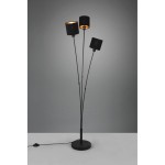 Czarna lampa podłogowa Tommy z trzema punktami świetlnymi, umieszczona na okrągłej podstawie. Klosze są cylindryczne, z metalicznym wykończeniem wewnętrznym. Kabel z włącznikiem widoczny u podstawy lampy. Ujęcie frontalne na jednolitym tle.