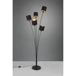 Czarna lampa podłogowa Tommy z pięcioma punktami świetlnymi, zamocowana na smukłych metalowych ramionach. Okrągła podstawa, widoczny kabel z włącznikiem. Klosze w formie cylindrów, z wewnętrzną mosiężną powłoką, na szarym tle.
