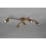 Lampa sufitowa Marley 5-punktowa w kolorze antycznego mosiądzu. Posiada pięć cylindrycznych opraw oświetleniowych zamontowanych na poziomej ramie. Produkt umieszczony w frontalnej perspektywie na szarym tle.