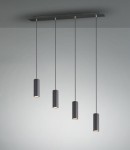 Czarna lampa wisząca Marley z czterema punktami świetlnymi. Cylindryczne klosze zawieszone na cienkich linkach, umieszczone na prostokątnej podstawie. Lampa wisi równolegle do sufitu, idealna do nowoczesnych wnętrz.
