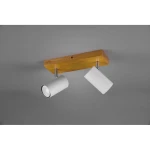Lampa sufitowa Marley 2-punktowa z drewnianą podstawą w kolorze naturalnym i dwoma białymi reflektorami. Ujęcie frontalne, produkt zamontowany na suficie, z widocznymi detalami mocowania i kształtem cylindrycznym lamp.