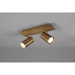Lampa sufitowa Marley 2-punktowa w kolorze antycznego mosiądzu z dwoma cylindrycznymi reflektorami. Ujęcie frontalne, zamontowana na prostokątnej podstawie. Idealna do oświetlenia wnętrz.