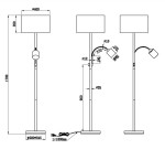 Szara lampa podłogowa 2-punktowa z prostym, metalowym stelażem. Główny klosz o wymiarach 400 mm x 250 mm, dodatkowy ruchomy reflektor o średnicy 100 mm. Wysokość całkowita 1700 mm, podstawka o średnicy 280 mm. Kabel zasilający o długości 1800 mm.