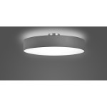 Lampa sufitowa 5-punktowa w kolorze szarym, okrągła, z matowym wykończeniem. Ujęcie z boku, zawieszona na suficie. Emituje jasne światło, z metalowym elementem na górze. Tło w kolorze szarym, co podkreśla minimalistyczny design lampy.