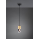 Lampa wisząca Robin 1-punktowa w kolorze czarnym z mosiężnym detalem. Posiada szklany klosz w kształcie cylindra, zawieszona na cienkim czarnym przewodzie. Produkt umieszczony na jednolitym tle.
