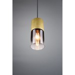 Lampa wisząca Robin 1-punktowa w kolorze czarnym i mosiądzu, z przezroczystym kloszem, zawieszona na czarnym przewodzie. Klosz cylindryczny, w środku widoczna żarówka. Tło szare, minimalne.