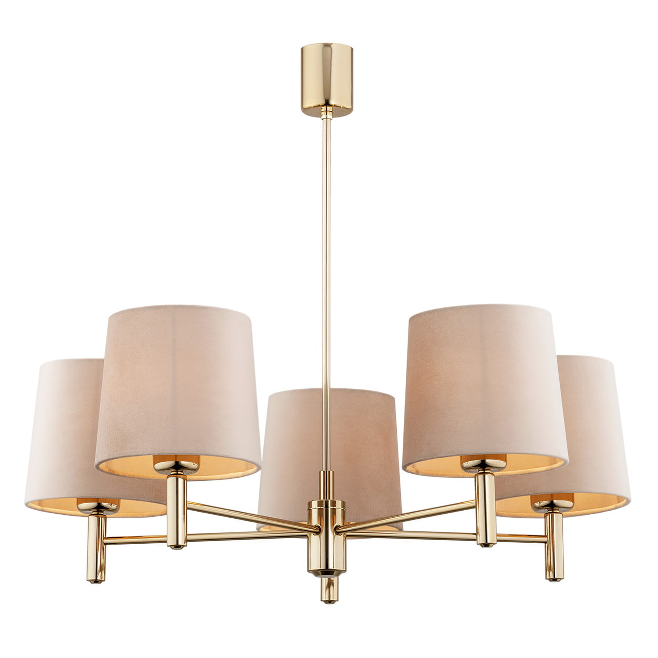 Lampa wisząca Ponte Plus w kolorze beżowym, pięciopunktowa, z metalową, złotą konstrukcją i materiałowymi kloszami. Ujęcie frontalne, widoczna elegancka forma i detale wykończenia. Idealna do nowoczesnych wnętrz.