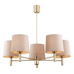Lampa wisząca Ponte Plus w kolorze beżowym, pięciopunktowa, z metalową, złotą konstrukcją i materiałowymi kloszami. Ujęcie frontalne, widoczna elegancka forma i detale wykończenia. Idealna do nowoczesnych wnętrz.