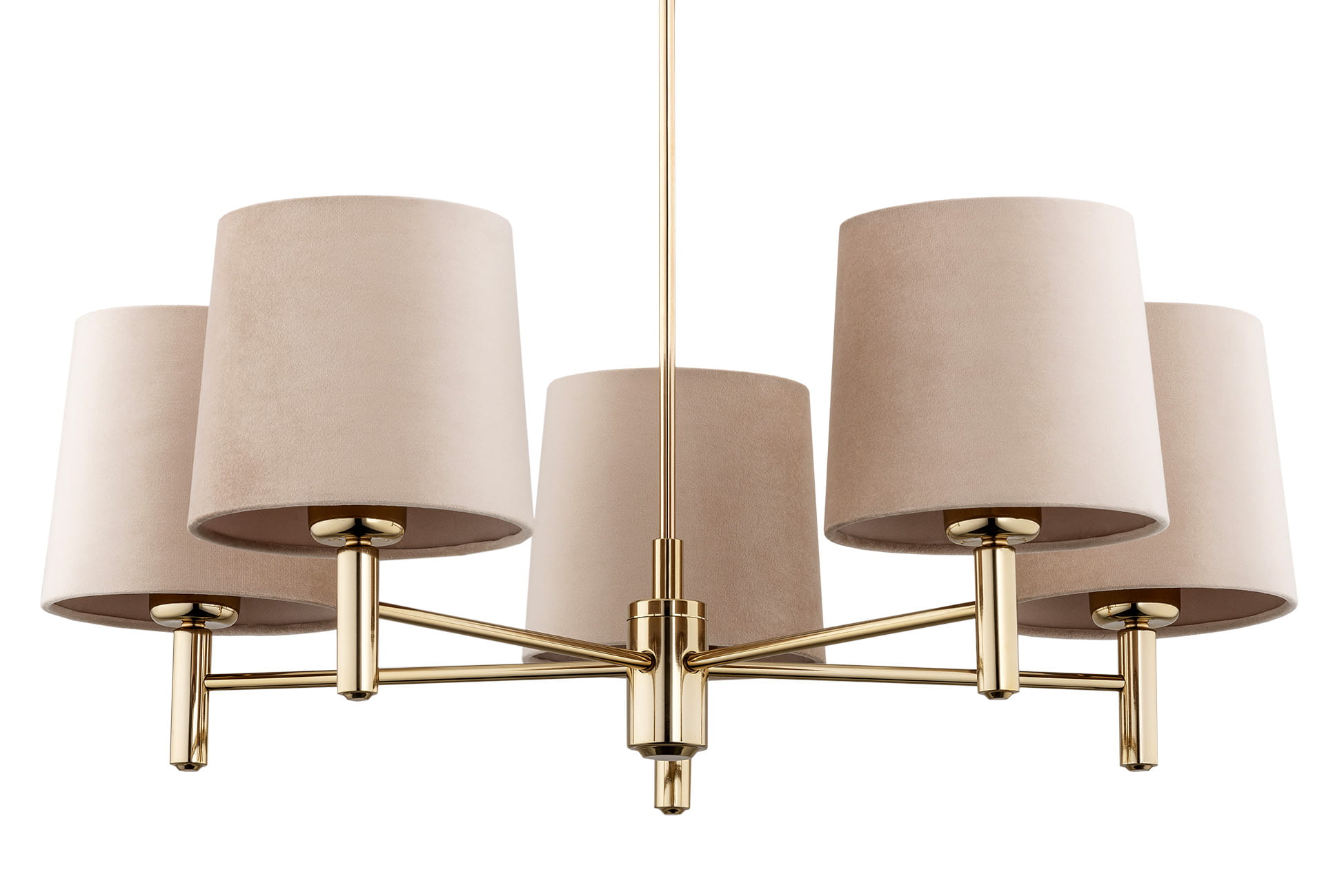 Beżowa lampa wisząca Ponte Plus z pięcioma kloszami, wykonana z materiału przypominającego aksamit. Klosze mają cylindryczny kształt, a metalowa konstrukcja jest w kolorze złotym. Lampa zawieszona jest na długim przewodzie, w frontalnym ujęciu.
