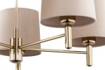 Beżowa lampa wisząca Ponte Plus 5-punktowa, z metalowymi elementami w kolorze złotym. Ujęcie z bliska, pokazujące detale abażurów i konstrukcji. Abażury mają delikatną fakturę, a całość ma nowoczesny, elegancki design.
