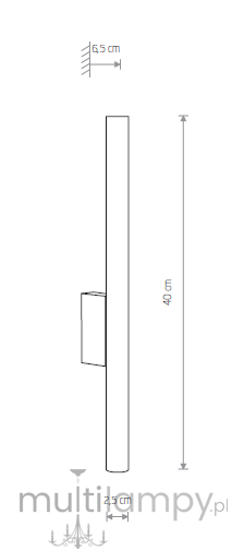Czarny kinkiet 2-punktowy Laser o wymiarach 40 cm wysokości i 2,5 cm szerokości. Prosta, cylindryczna forma z zamocowaniem, widoczna z boku. Wysokość mocowania to 6,5 cm. Idealny do nowoczesnych wnętrz.