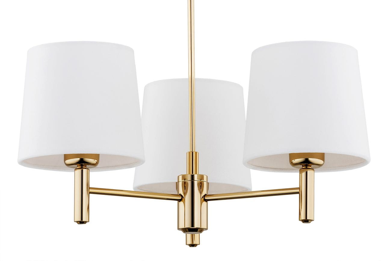 Lampa wisząca Ponte Plus w kolorze kremowym z trzema kloszami. Klosze mają cylindryczny kształt z białego materiału, a podstawa i ramiona wykonane są z metalicznego złota. Zawieszona w centralnej pozycji, idealna do oświetlenia wnętrz.