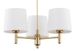 Lampa wisząca Ponte Plus w kolorze kremowym z trzema kloszami. Klosze mają cylindryczny kształt z białego materiału, a podstawa i ramiona wykonane są z metalicznego złota. Zawieszona w centralnej pozycji, idealna do oświetlenia wnętrz.