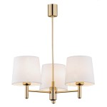 Lampa wisząca Ponte Plus w kolorze kremowym z trzema abażurami. Metalowa konstrukcja w odcieniu złotym, z gładkimi, okrągłymi kloszami wykonanymi z materiału. Ujęcie frontalne, lampa zawieszona na długim przewodzie.