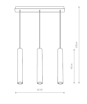 Lampa wisząca Eye 3-punktowa w kolorze białym, z trzy cylindrycznymi kloszami o długości 40 cm, zawieszona na prostokątnej podstawie o wymiarach 62 cm długości, w zawieszeniu na wysokości 130 cm.