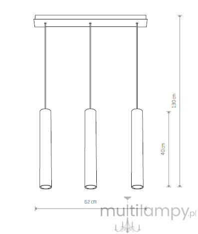 Lampa wisząca Eye 3-punktowa, wykonana z mosiądzu. Trzy cylindryczne klosze zawieszone na prostokątnej podstawie. Wymiary: długość 62 cm, wysokość 130 cm, odległość kloszy 40 cm. Prosta konstrukcja, idealna do nowoczesnych wnętrz.